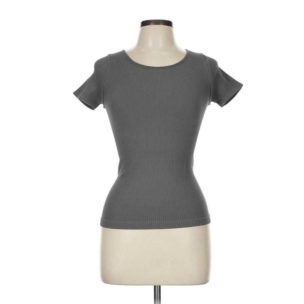 Free People Ribbed Fitted T Shirt Grey Short Sleeve Stretch Top M - Picture 2 of 4